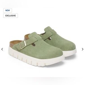 Birkenstock Papillio Boston Chunky Suede Leather Platform Clog Green.